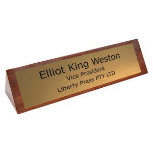 Walnut finish timber name bar