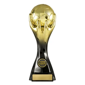 Gold and black soccer trophy